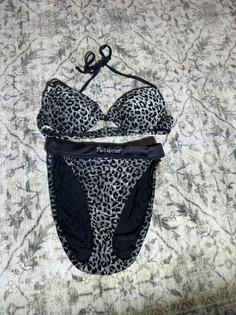 Leopard Print Halter Push-Up Bra & Bikini Set - Black